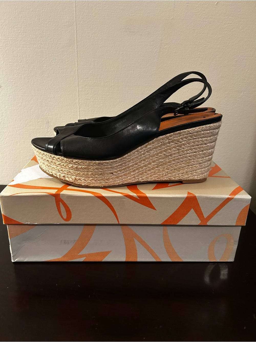 Via Spiga Black Leather Platform Espadrille Wedge Sandal, 8.5, Like NWT